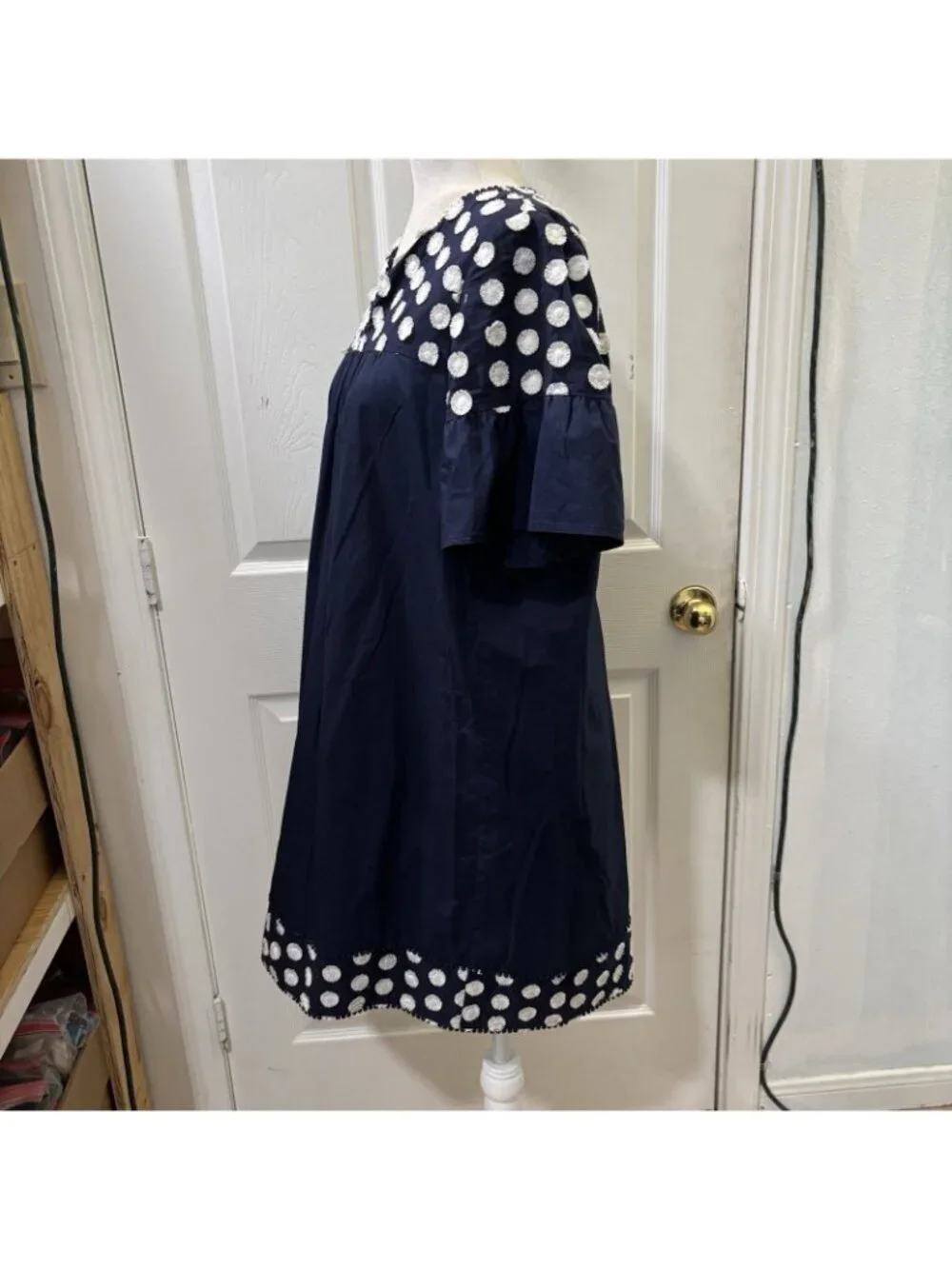J Crew Bell Sleeve Polkadot Navy Blue Cotton Short Dress Size 6